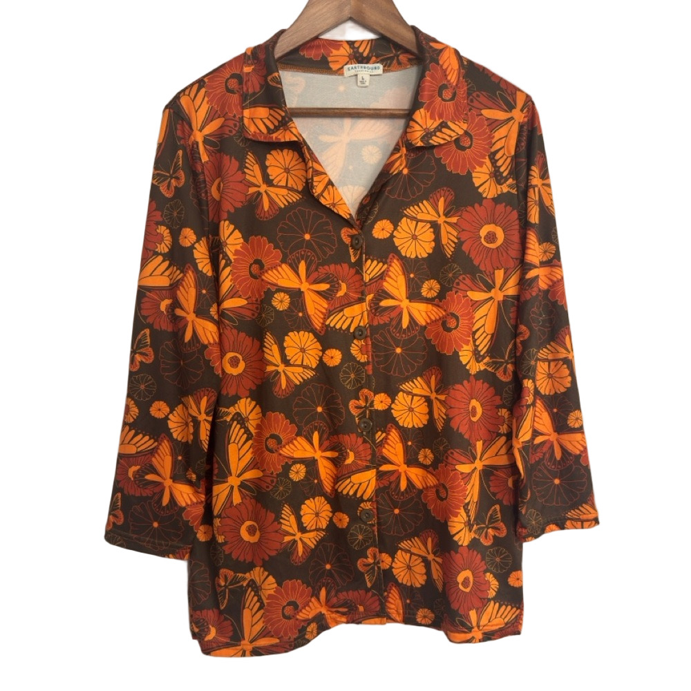 Earthbound Trading Co Retro Print Long Sleeve Pajama Top Women’s Size L